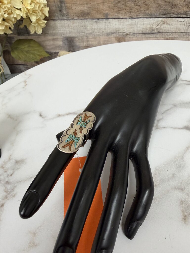 Silver Navajo W/ Two Birds Turquoise and Coral Inlay