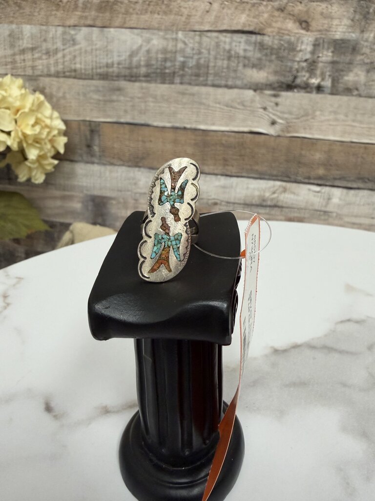 Silver Navajo W/ Two Birds Turquoise and Coral Inlay