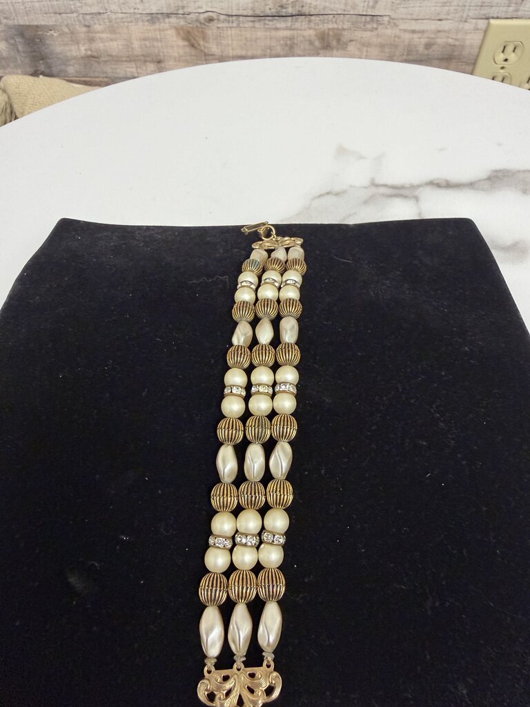 3 Strand Pearl/Copper/Rhinestone Bracelet