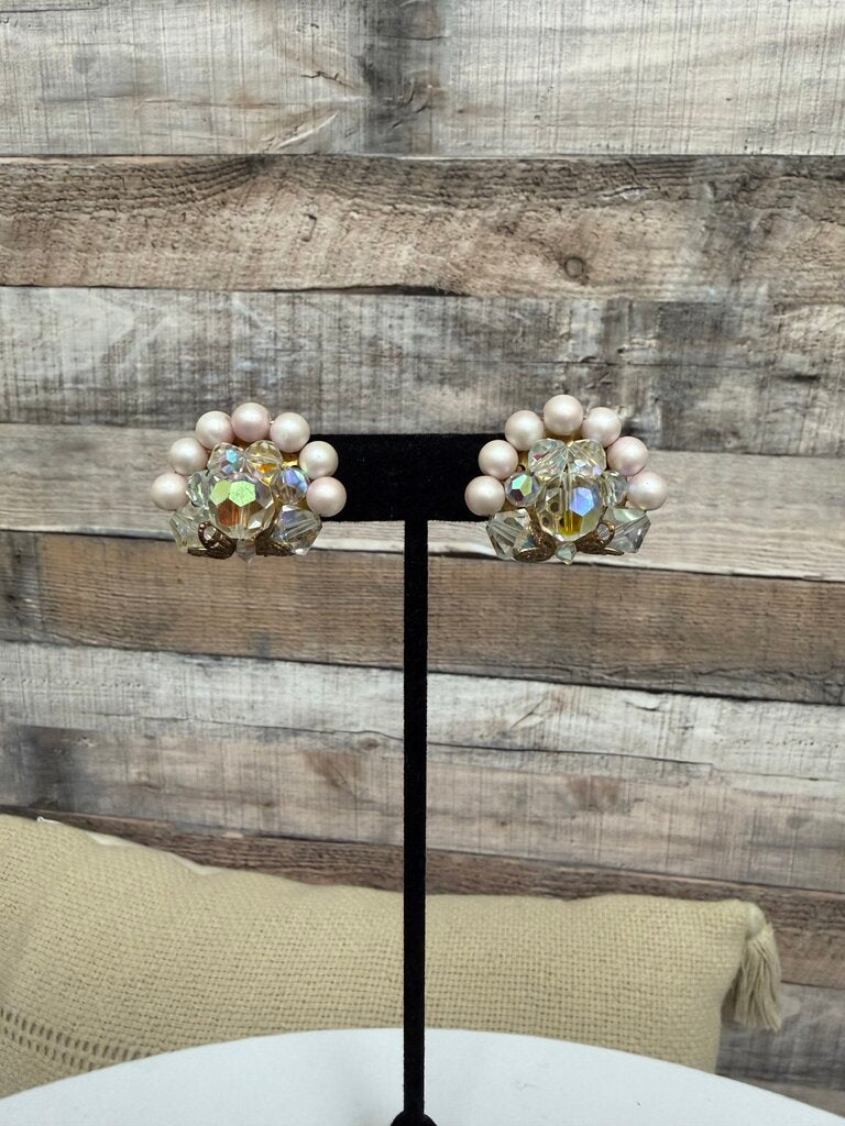 Glass Bead and Faux Pearl Cluster Clip On Earring