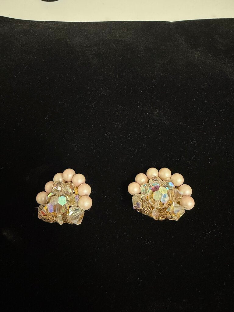 Glass Bead and Faux Pearl Cluster Clip On Earring