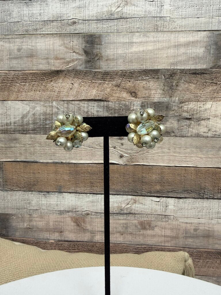 Crystal and Pearl Cluster Vintage Clip On Earring