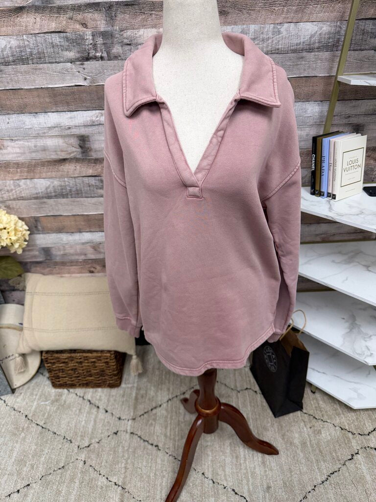 L.L. Bean Pink V-Neck Pullover w/ Collar L.L. Bean Pink Medium women SWEATSHIRTS/HOODIES