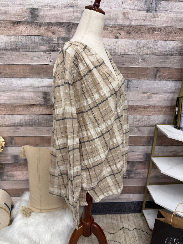 ESPRIT Cream Plaid V-Neck Button Down Shirt