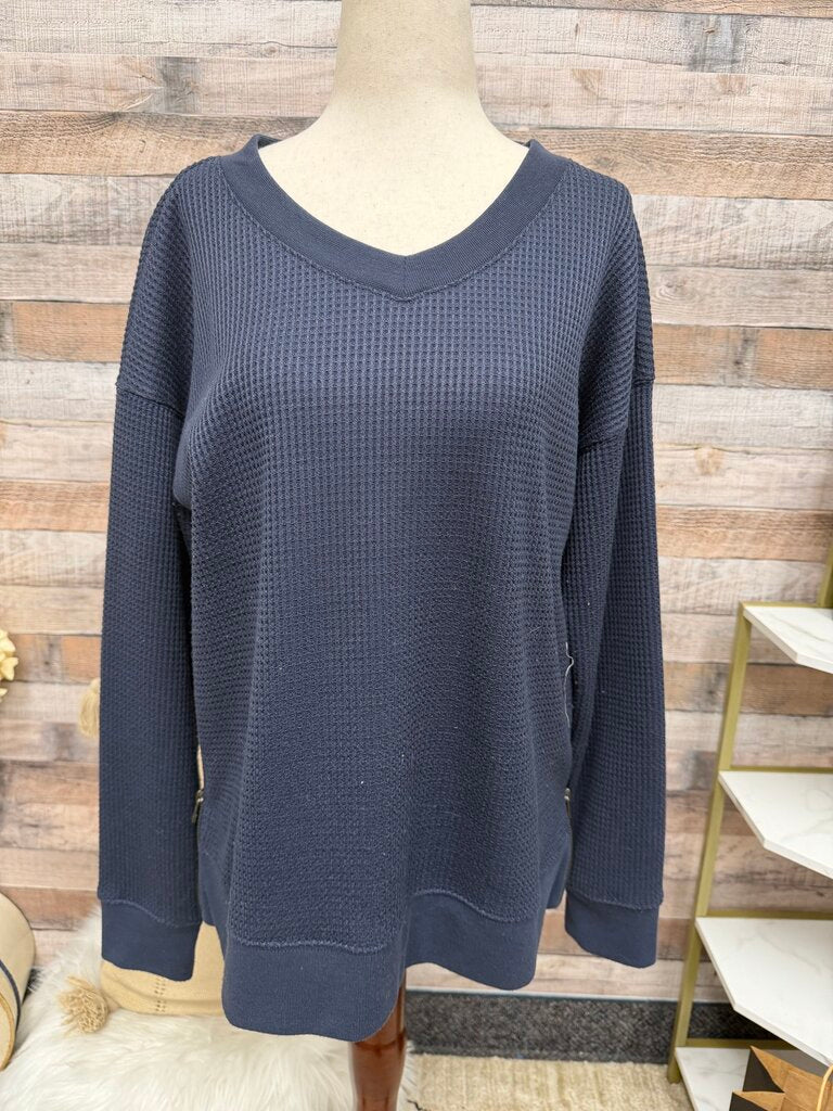 L.L. Bean Navy V- Neck Waffle Pull Over