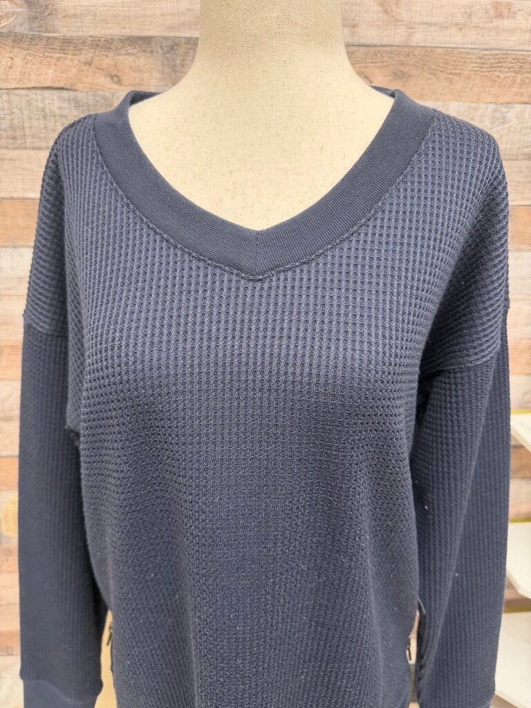 L.L. Bean Navy V- Neck Waffle Pull Over