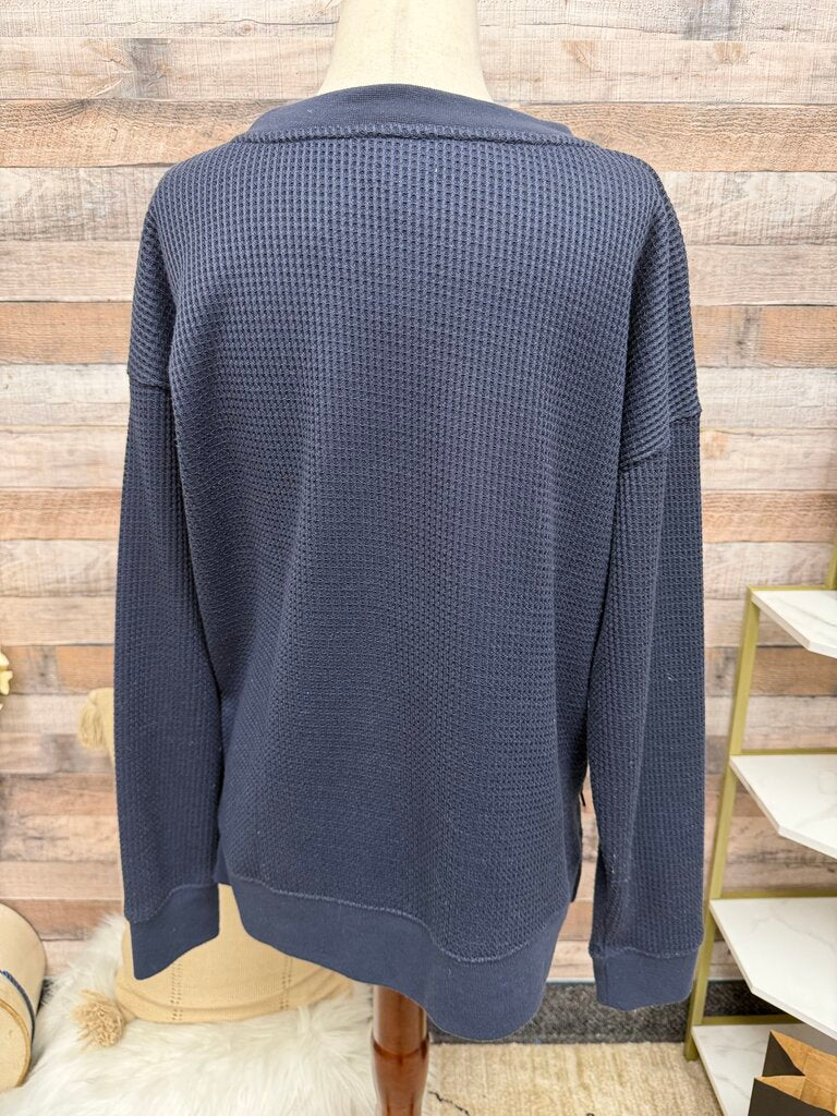L.L. Bean Navy V- Neck Waffle Pull Over