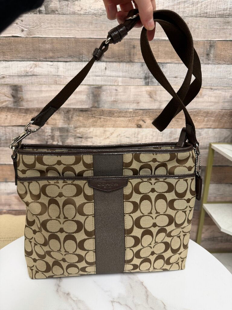 Coach Tan & Brown Canvas Signature Stripe Messenger Crossbody
