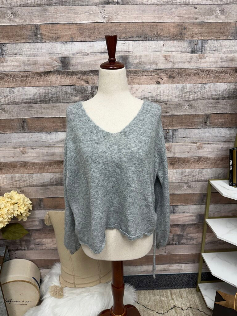G F Collection Gray V Neck Sweater with Tie On Side