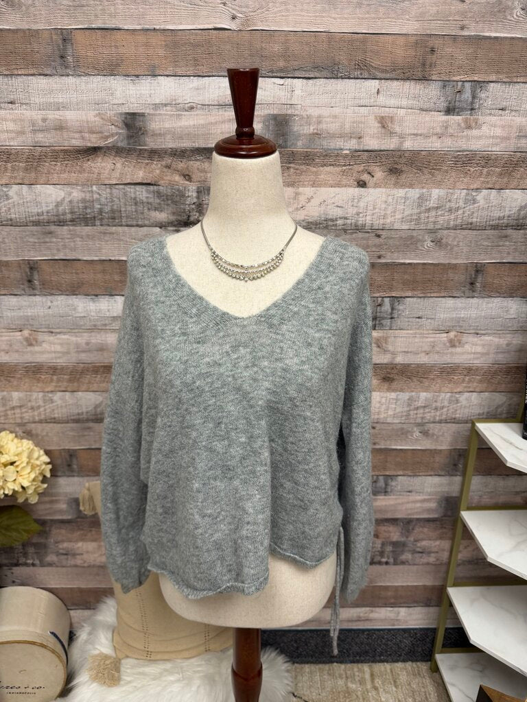G F Collection Gray V Neck Sweater with Tie On Side