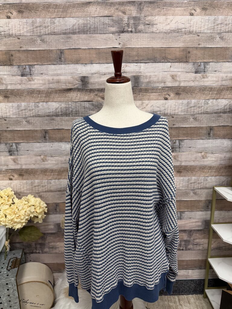 American Eagle Blue/White Striped Waffle Knit Pullover
