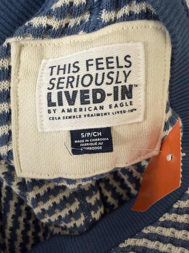 American Eagle Blue/White Striped Waffle Knit Pullover