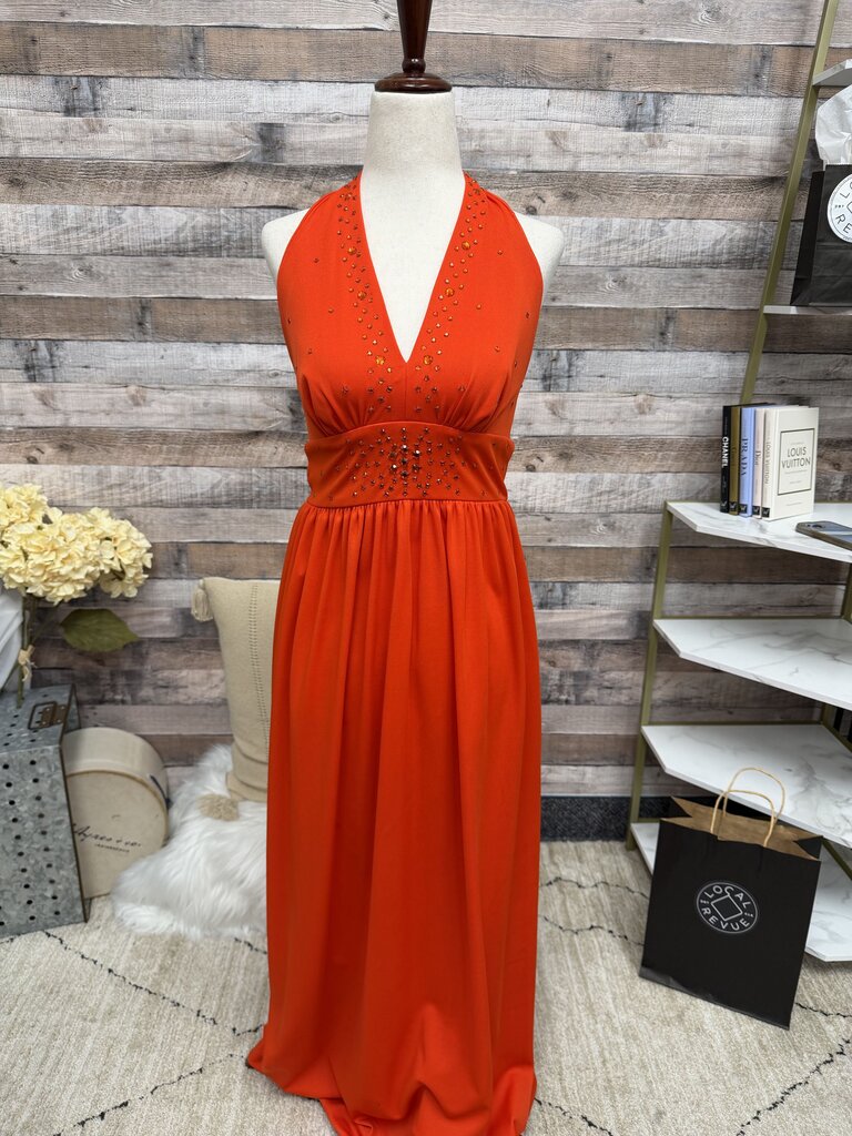 Tomato Red Halter Dress w/Bodice Beading