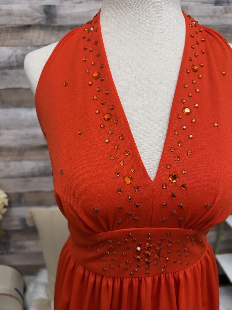 Tomato Red Halter Dress w/Bodice Beading