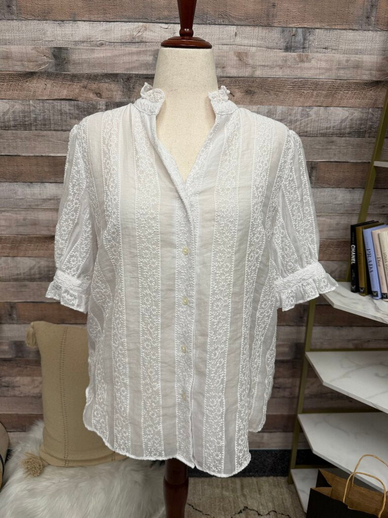 Ann Taylor White Cotton Eyelet Embroidered Blouse