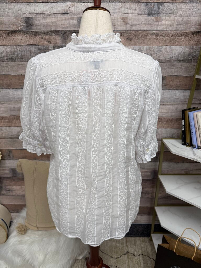 Ann Taylor White Cotton Eyelet Embroidered Blouse