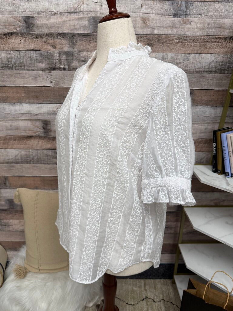 Ann Taylor White Cotton Eyelet Embroidered Blouse