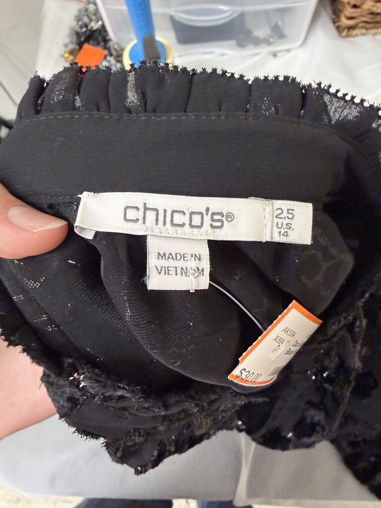 Chico's Black Burnout Velvet Blouse W/ Sequin Embellishment