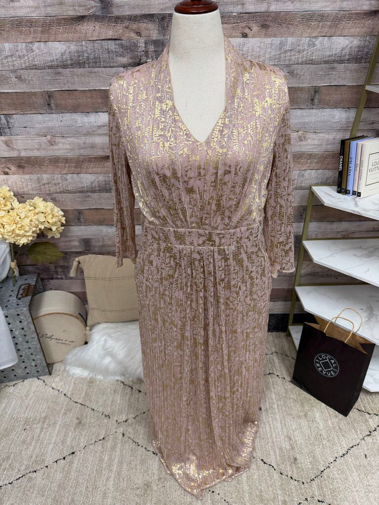 Chico's Champagne Metallic 3/4 Sleeve V Neck Dress