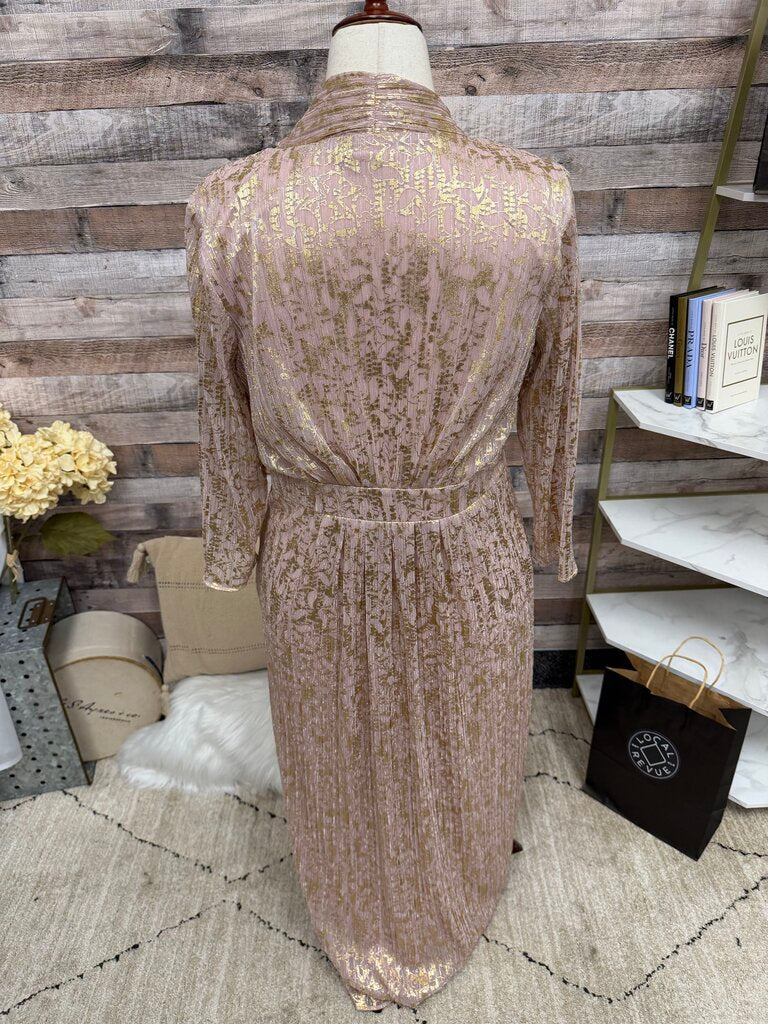 Chico's Champagne Metallic 3/4 Sleeve V Neck Dress