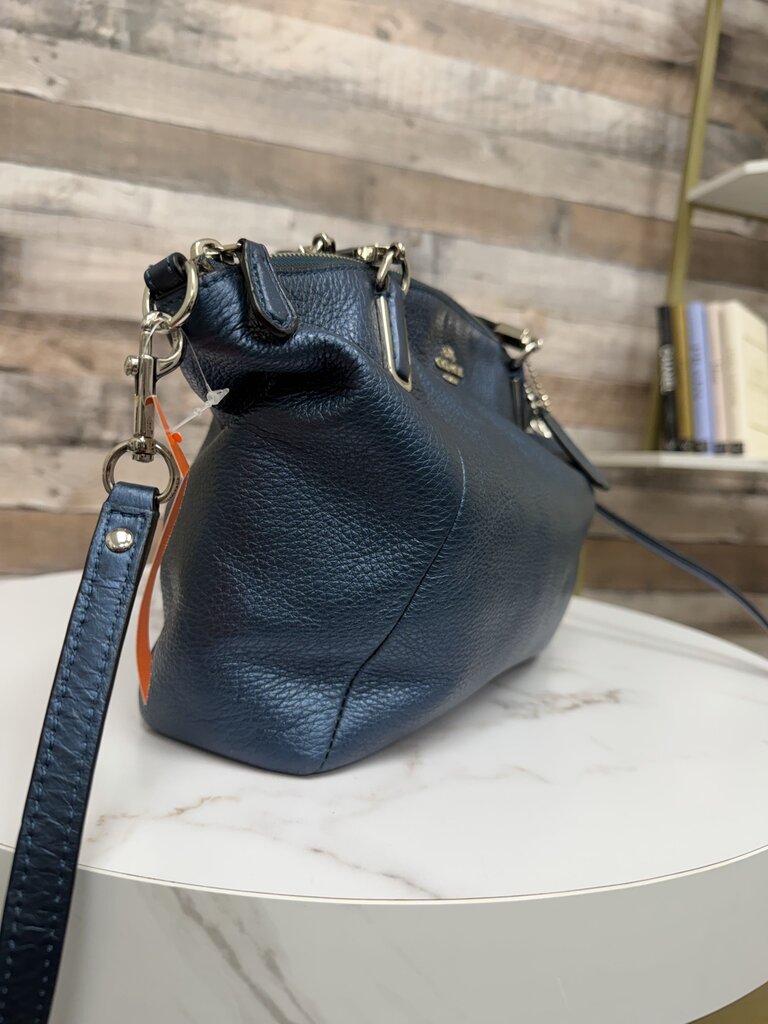 Coach Kelsey Navy Metallic Pebbled Leather Satchel Coach Navy OS BAGS