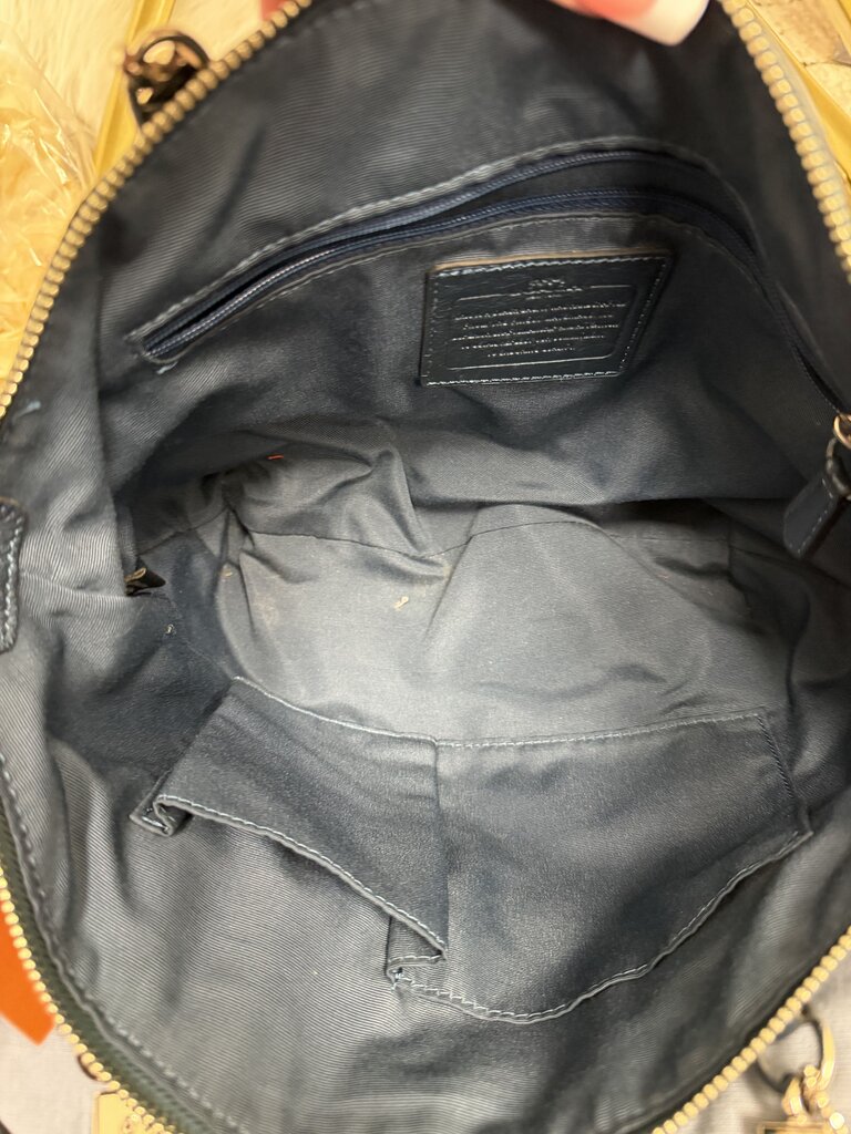 Coach Kelsey Navy Metallic Pebbled Leather Satchel Coach Navy OS BAGS