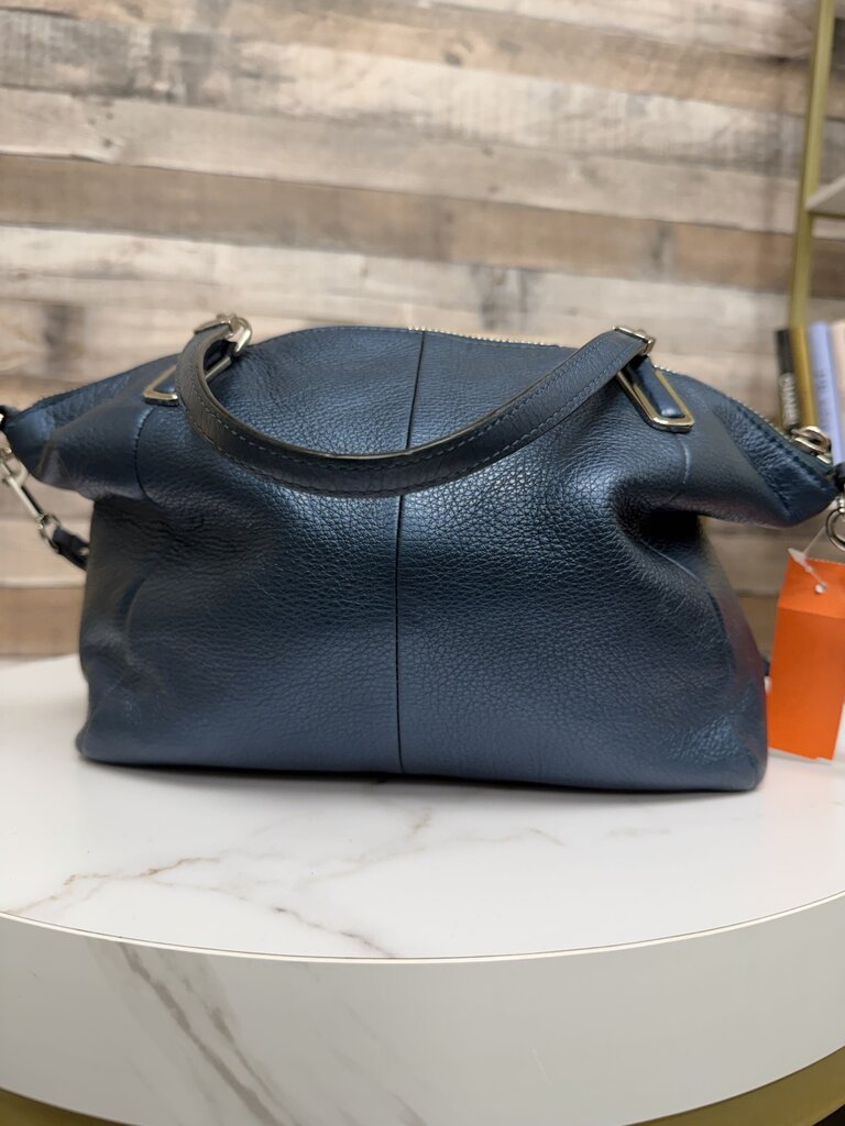 Coach Kelsey Navy Metallic Pebbled Leather Satchel Coach Navy OS BAGS
