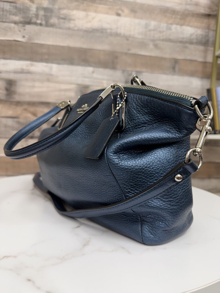Coach Kelsey Navy Metallic Pebbled Leather Satchel Coach Navy OS BAGS