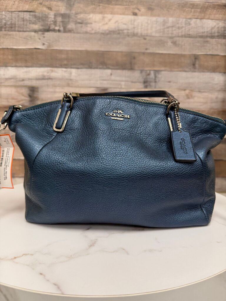 Coach Kelsey Navy Metallic Pebbled Leather Satchel Coach Navy OS BAGS