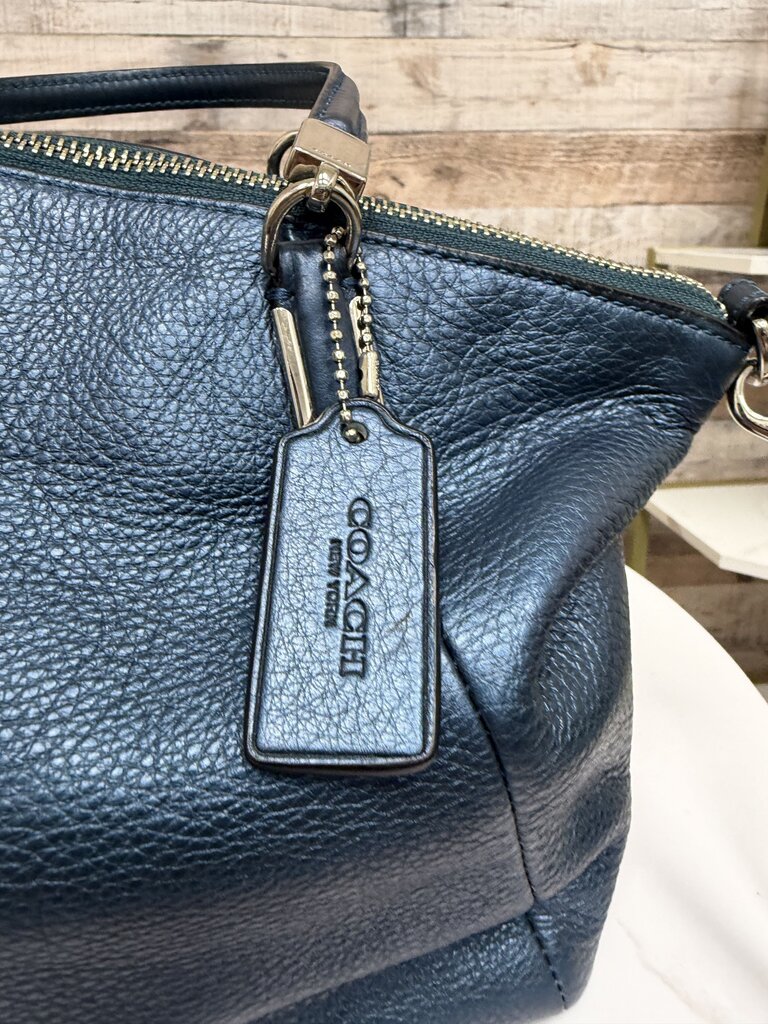 Coach Kelsey Navy Metallic Pebbled Leather Satchel Coach Navy OS BAGS