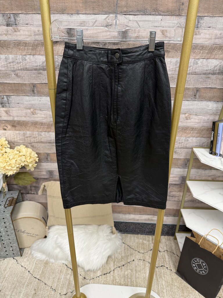 No Label Black Genuine Leather Pencil Skirt