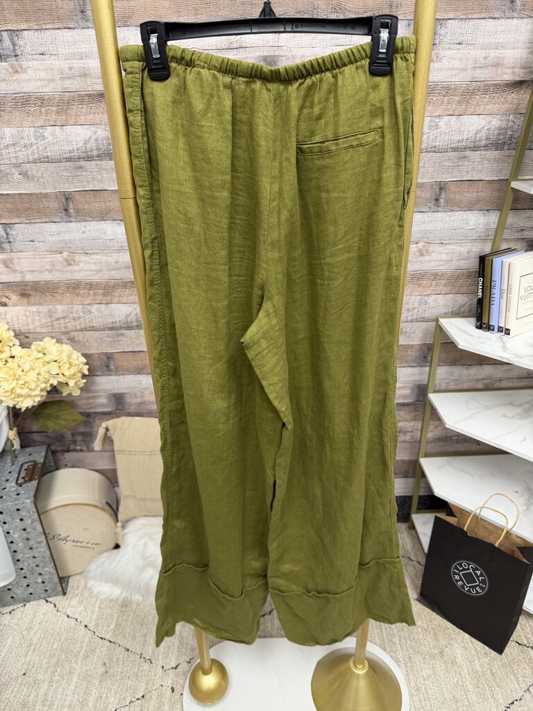 Zara linen blend green wide leg drawstring waist pant