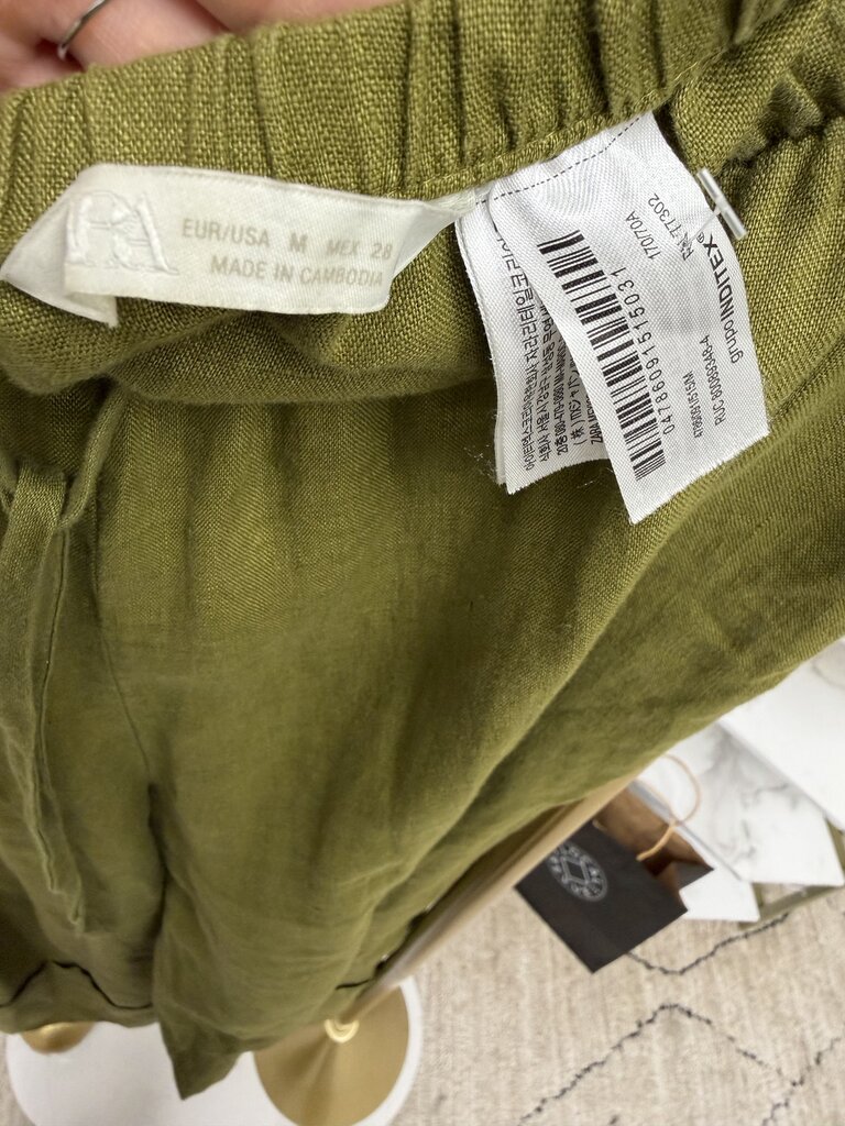 Zara linen blend green wide leg drawstring waist pant