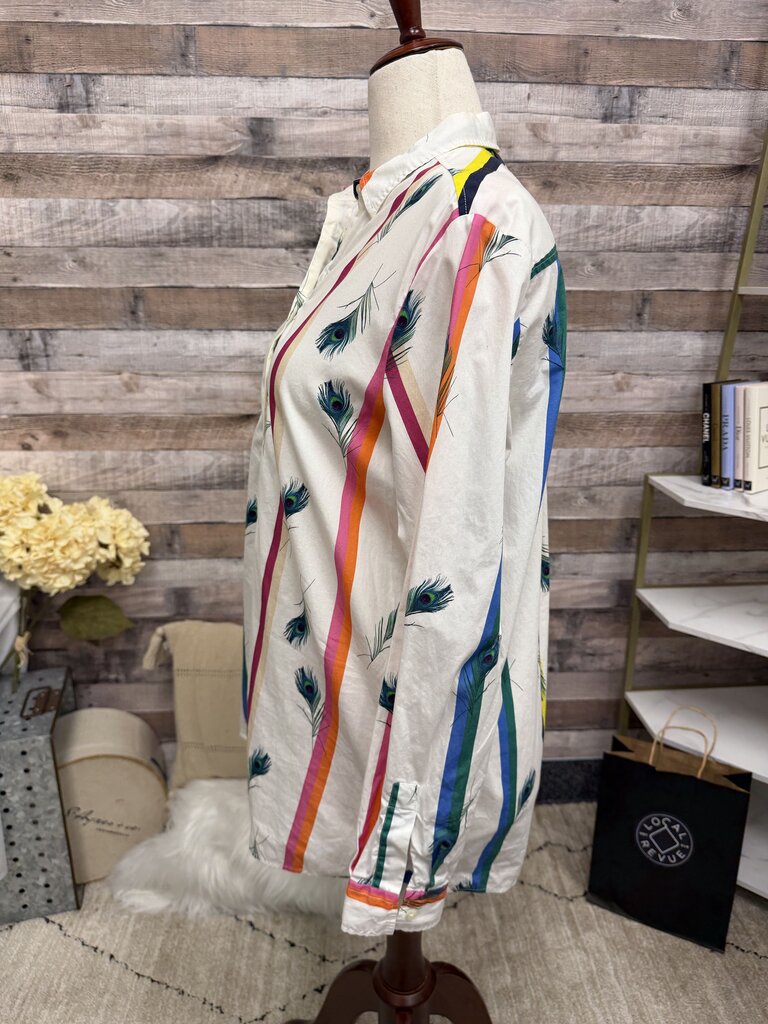 Vilagallo Multi Color Long Sleeve Button Down Shirt W/ Peacock Feathers