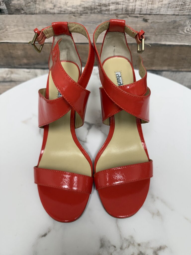 Charles David vermilion colored open toe heels