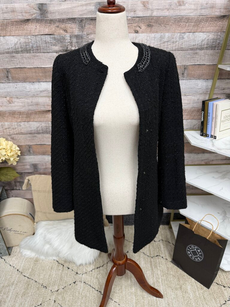 Zara mid-length black jacket w/ chain decor on collar