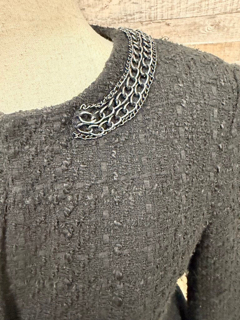 Zara mid-length black jacket w/ chain decor on collar