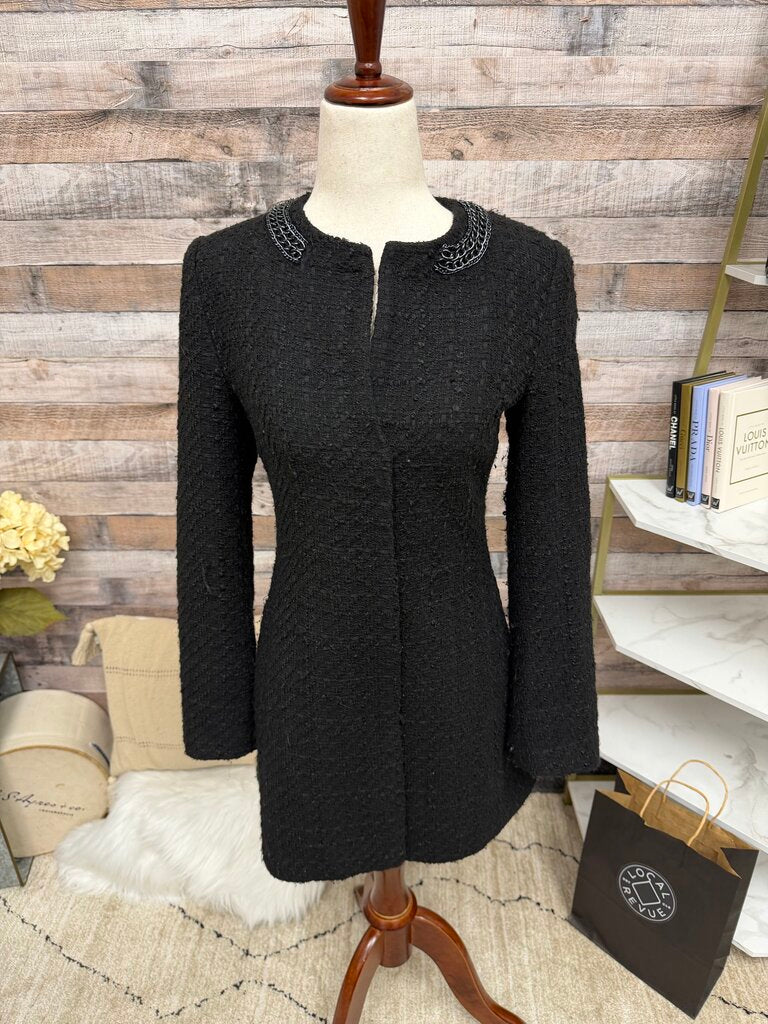 Zara mid-length black jacket w/ chain decor on collar