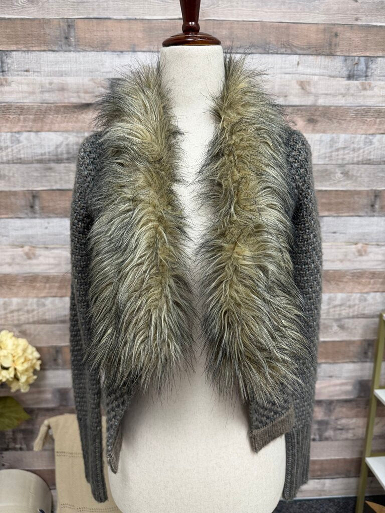 John&Jenn Gray/Brown Knit Cardigan Sweater W/ Faux Fur Collar