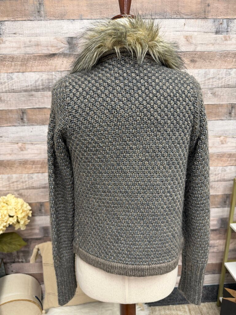 John&Jenn Gray/Brown Knit Cardigan Sweater W/ Faux Fur Collar