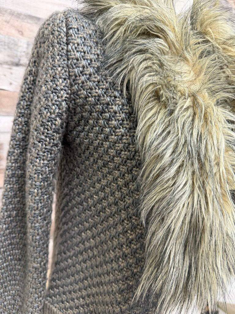 John&Jenn Gray/Brown Knit Cardigan Sweater W/ Faux Fur Collar