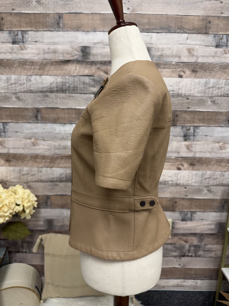 BCBG Camel Faux Leather Dayne Short Sleeve Cropped Jacket