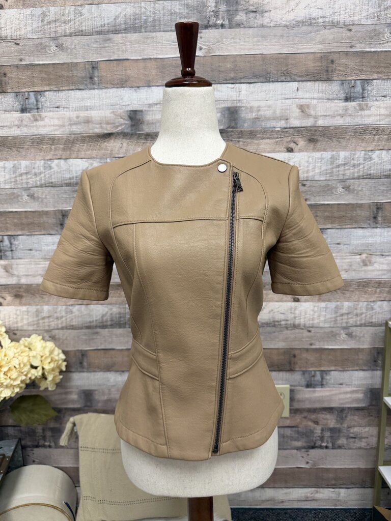 BCBG Camel Faux Leather Dayne Short Sleeve Cropped Jacket