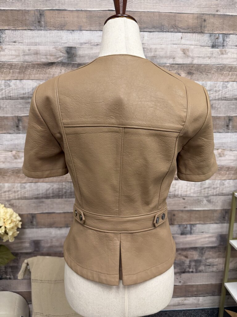 BCBG Camel Faux Leather Dayne Short Sleeve Cropped Jacket