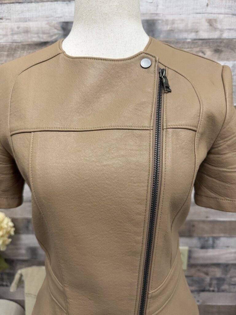 BCBG Camel Faux Leather Dayne Short Sleeve Cropped Jacket