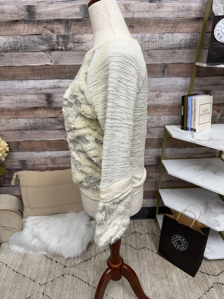Amadi by Anthro Cream Textured Sweater W/ Faux Fur