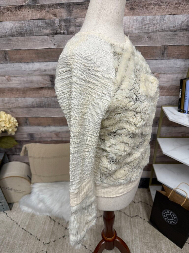 Amadi by Anthro Cream Textured Sweater W/ Faux Fur