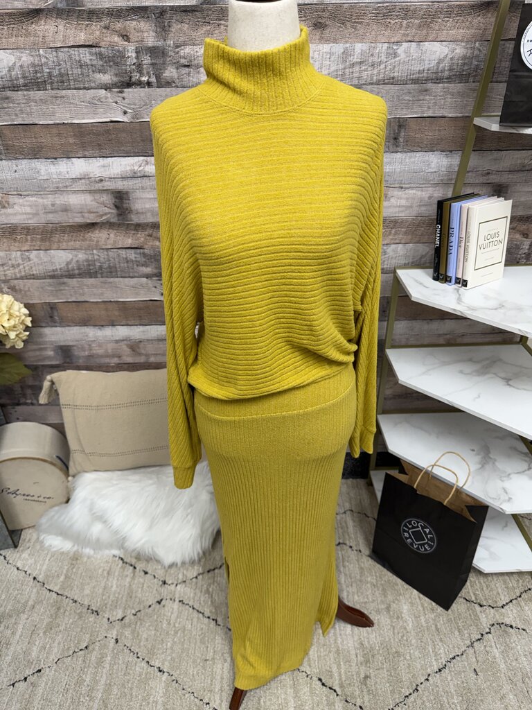 Anthropologie Yellow Knit Ribbed Maxi Long Sleeved Dress W/ Mock Neck