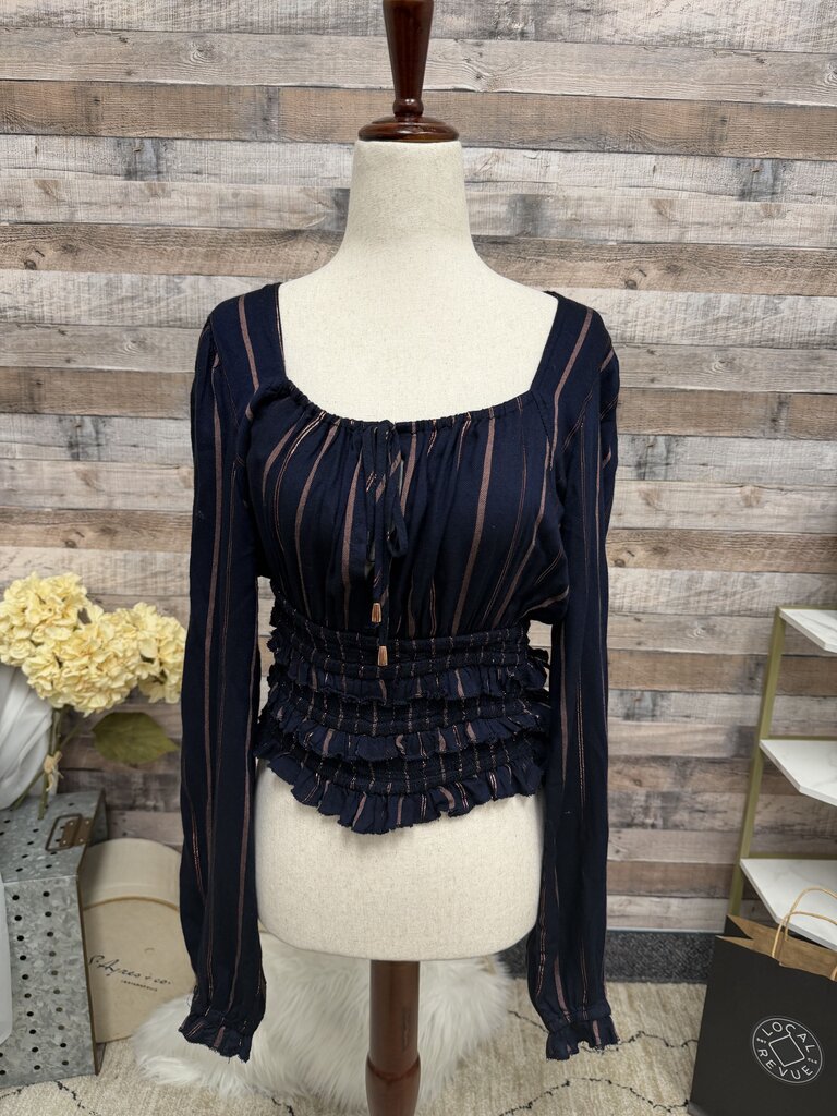 Vintage Havana Navy W/ Metallic Striped Smock Crop Top