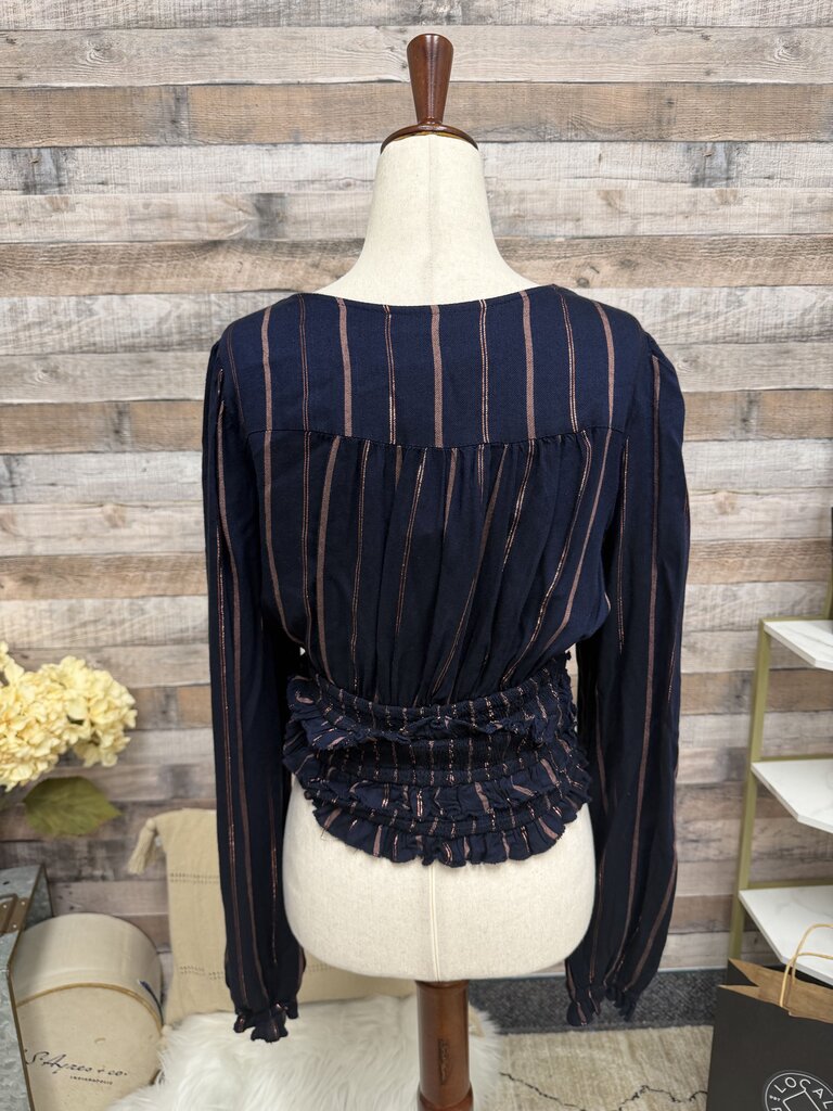 Vintage Havana Navy W/ Metallic Striped Smock Crop Top